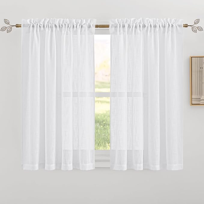 RYB HOME White Linen Curtains for Living Room Bathroom Kitchen, Rod Pocket Semi Translucent Breathable Home Decor Short Small Window Drapes, W 34 x L 45 inches, White, 2 Panels