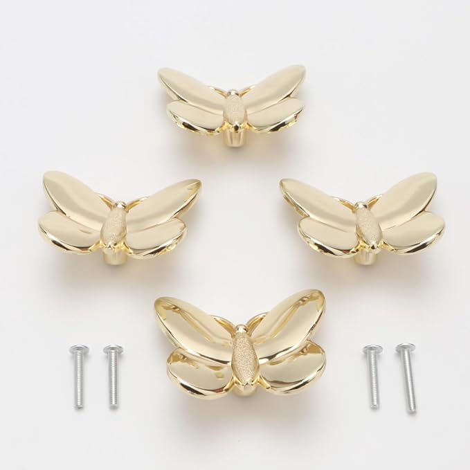 Gold Butterfly Cabinet Knobs Kitchen Hardware for Cabinets Cute Animal Dresser Knobs Furniture Cupboard Handles Single Hole Drawer Knobs and Pulls 4 Pcs (Gold)