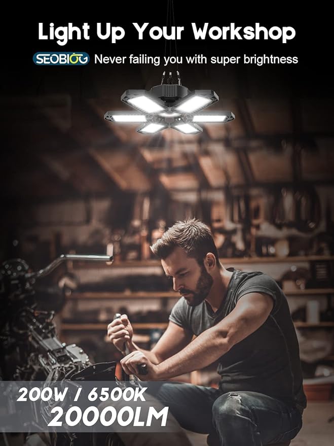 SEOBIOG Plug in Garage Light, 200W 20000LM Linkable Shop Light with On/Off Switch, 6500K Hanging LED Lights with 9.84ft Power Cord and US Plug, for Garage, Workshop,Work Bench