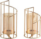 MrMrKura Metal Wire Candle Holder Set of 2, Glass Pillar Candle Holders Gold Decorative Tea Light Candleholders for Home Decor Table Decorations Centerpiece