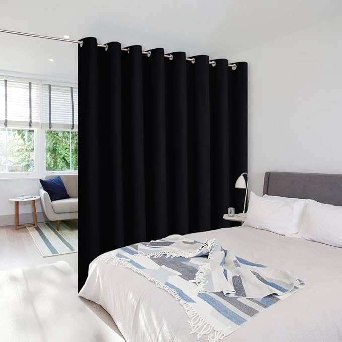 NICETOWN Closet Door Curtain, Room Dividers Panel Screens Partitions, Wide Width Grommet Top Modern Privacy Heavy Room Divider, Commercial Room Dividers (1 PCs, 7ft Tall x 15ft Wide, Black)