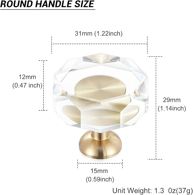 24-Pack 1-1/4-Inch White Cabinet Glass Crystal Patterned knob Brass Drawer Dresser Pulls, Gold Hardware Kitchen Closet knobs for Bifold Doors