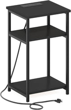 Furinno Moretti Side Table, 3-Tier End Table with Charging Station, Metal Frame Night Stand, Bedside Table with USB and Type-C Charging Port, for Living Room, Bedroom, Americano