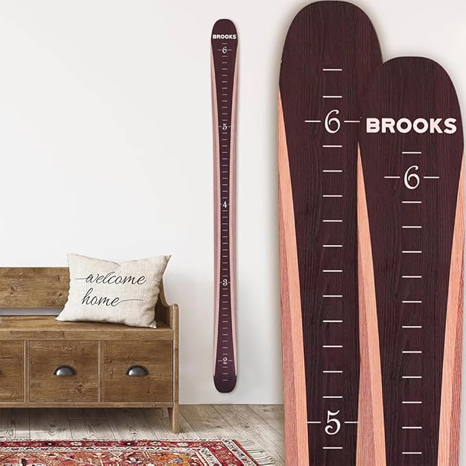 Headwaters Studio Personalized Ski Growth Chart - Wooden Growth Chart for Kids Room & Home Decor, Ski-Themed Wall Decor, Personalized Wooden Ski Ruler Brown - 58"" x 4.5""