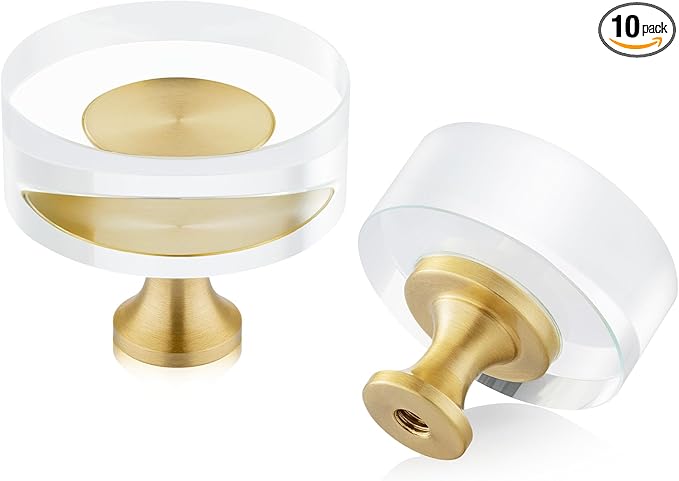 QOGRISUN 10-Pack Brass Crystal Cabinet Knobs,Glass Crystal Gold Drawer Knobs,1-1/4-Inch Round, Decorative Dresser Pulls, Modern Cabinet Hardware