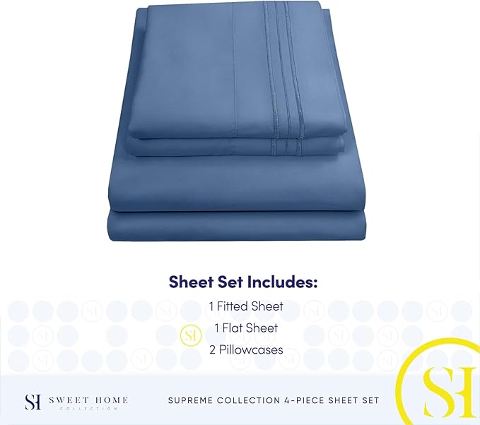 King Size Sheets - Breathable Luxury Bed Sheets with Full Elastic & Secure Corner Straps Built In - 1800 Supreme Collection Extra Soft Deep Pocket Bedding, Sheet Set, EXTRA DEEP pocket - King, Denim
