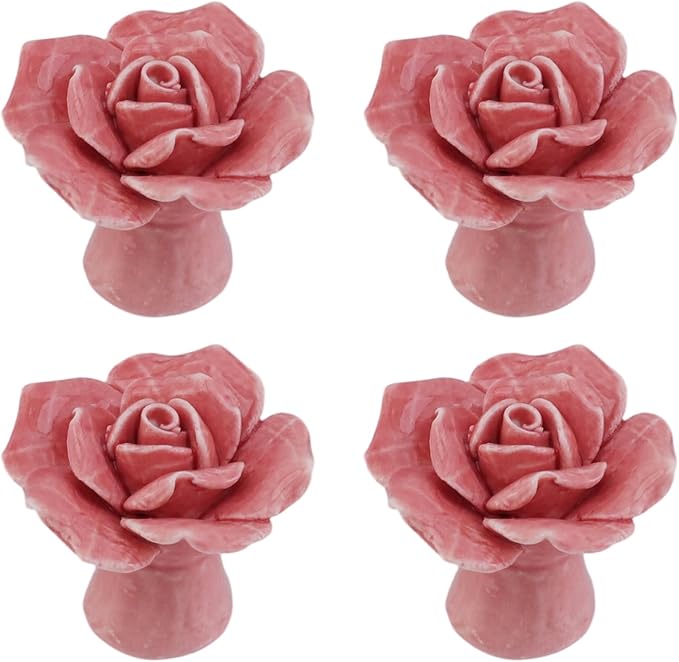 4PCS Ceramics Pink Rose Knobs Flower Shaped Drawer Pulls for Cupboard with 2 Kinds of Screws, 1.65" × 1.3"