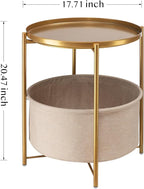 danpinera Round Side Table with Fabric Storage Basket, Metal Side Small Bedside Table Nightstand with Removable Tray Top for Living Room, Bedroom, Nursery, Bathroom, Gold