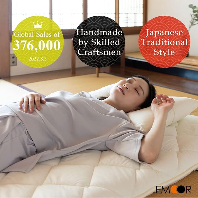 EMOOR Japanese Futon Mattress CLASSE & Fitted Sheet PRESSO Twin Made in Japan, Cotton (Gray) Foldable Floor Sleeping Bed Tatami Mat