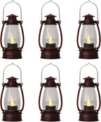 Red Painted Mini Lanterns 6-Pack - LED Flickering Candle Lanterns for Christmas & New Year, Valentine's, Wedding, Halloween & Western Party Decor, Table Centerpieces & Cowgirl Party Supplies