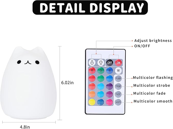 ZKLiLi Cute Cat Nursery Night Lights USB Rechargeable Cat Lamp Nightlight Birthday Christmas Gift with Warm White and 7-Color Breathing Modes for Kids Baby Children (renqimao)
