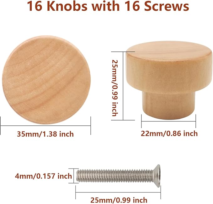 16PCS Wood Knobs Flat Top Round Cabinet Knobs Natural Wooden Dresser Drawer Pulls (Diameter: 35mm/1.38 inch, Height: 25mm/0.99 inch)
