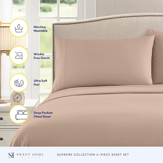 Twin Sheets - Breathable Luxury Sheets with Full Elastic & Secure Corner Straps Built In - 1800 Supreme Collection Extra Soft Deep Pocket Bedding Set, Sheet Set, Twin, Taupe