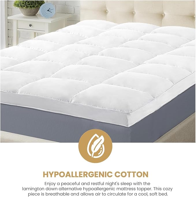 Superior Mattress Topper, Down Alternative, 2 Inch Deep Sized Bed Pillow Top, Comfort Pad, Fluffy Mattress-Topper Protector, Plush Cooling Extra Soft, Hotel Quality, Sleep, All-Season, Queen, White