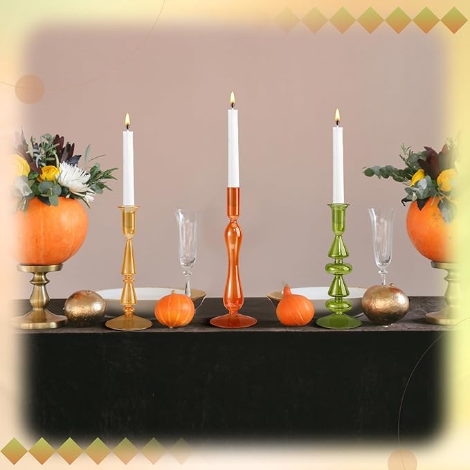 Mumufy 3 Pcs Thanksgiving Glass Candlestick Holders Thanksgiving Ball Shaped Glass Taper Candle Holder Amber Olive Honey Gold Fall Candle Stick Vase Decor for Holiday(9.1, 9.5, 10.6 inch,Cute)