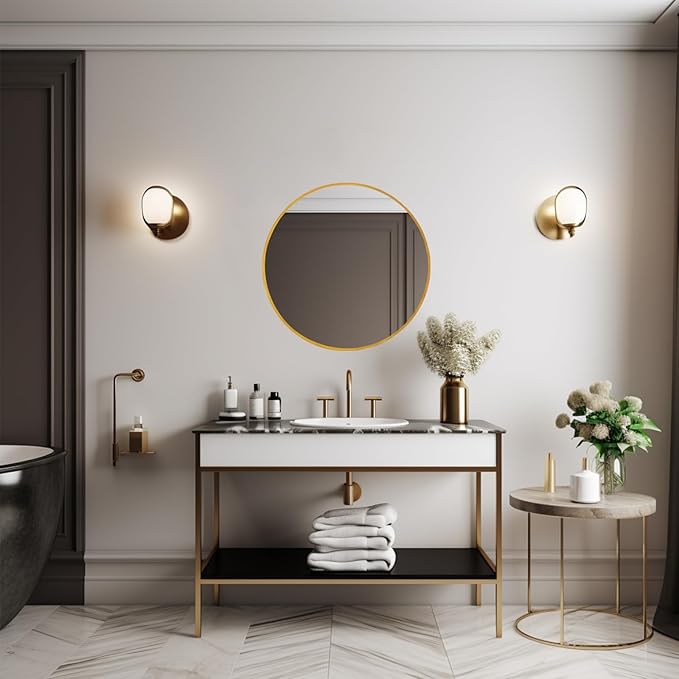 Gold Round Mirror 16 inch, Small Round Mirror, Gold Circle Mirrors, Metal Frame Circle Mirrors for Bathroom, Bedroom, Vanity, Wall Decor.
