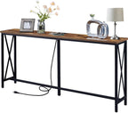 SUPERJARE 70 Inch Console Table with Outlets and USB-C Port, Extra Long Behind Couch Sofa Table with X-Shaped Design, Narrow for Entryway, Living Room, Metal Frame, Wooden Top, Rustic Brown