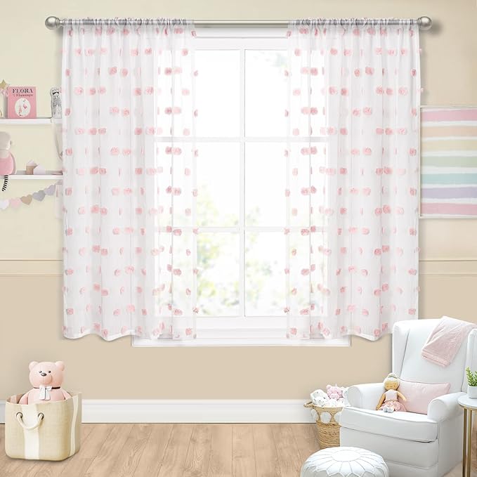 MYSKY HOME Short Curtains for Small Window 54 Inches Long Kitchen Pink Pom Pom Sheer for Bedroom Living Room Cafe Nursery Girls Kids Rod Pocket 2 Sets Boho Voile 37 x 54 in