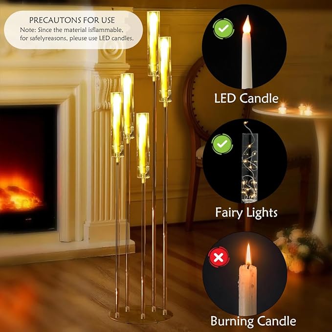 6pcs 5 Arm Candelabra,Acrylic Clear Floor Candelabra for Wedding Decor Tall Candle Holder for Table Centerpiece Ceremony Party Home Decoration, Fit 0.8 LED Candle