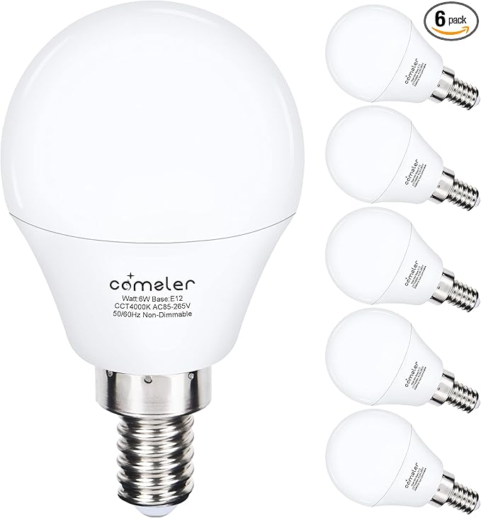 comzler Ceiling Fan Light Bulbs Candelabra LED Bulbs - 60 watt Equivalent, 4000K Cool White Candelabra E12 Base A15 Shape Light Bulbs for Ceiling Fan,600lm,Non-Dimmable, Pack of 6
