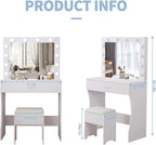 Vanity Table Set with Lighted Mirror - Makeup Vanity with Lights, Adjustable Brightness, Large Drawer Sturdy Wood Vanity, White 80x40x140cm