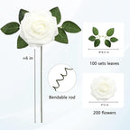 JOYLEX 200Pcs White Artificial Flowers Realistic Roses, Real Looking Fake Roses with Stem for DIY Wedding Bouquets Centerpieces Bridal Shower Party Home Romantic Decorations (White, 200pcs)