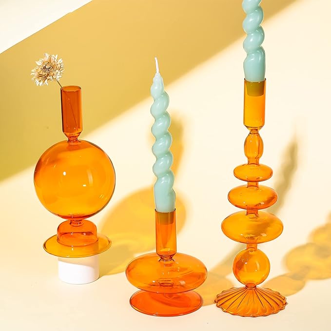 Rtteri 3 Pcs Glass Candlestick Holders Glass Candle Holders Groovy Wavy Elegant Taper Candle Stick for Wedding Home Birthday Party Christmas Halloween Decoration Windowsill Decor(Brown)