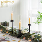 NUPTIO Hurricane Glass Candle Holders: 6 Pcs Black Metal Candlestick Tapered Holder with Clear Chimney Covers Bottomless Tall Modern Taper Candles Stick Cylinder Stand for Halloween Fireplace Decor