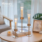 Hewory Gold Hurricane Candle Holders: Brass Candlestick Holders Set of 3 Tall Taper Candle Holders for Candlesticks Candle Sticks Holder Decor for Table Centerpiece Wedding Party Christmas Decorations