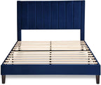 Allewie Queen Platform Bed Frame/Velvet Upholstered Bed Frame with Vertical Channel Tufted Headboard/Strong Wooden Slats/Mattress Foundation/Box Spring Optional/Easy Assembly/Navy Blue