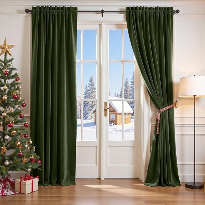 Lazzzy Velvet Blackout Curtains Thermal Insulated Room Window Drapes Super Soft Luxury Curtains for Living Room Bedroom Rod Pocket 2 Panels, Moss, 52" W x 120" L