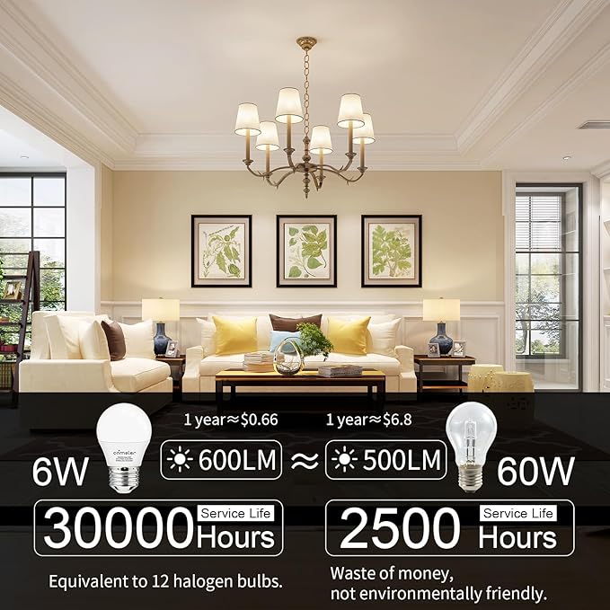 comzler LED Refrigerator Light Bulb, E26 LED Bulbs 60 Watt Equivalent, A15 Appliance Small Bulbs E26 Base with 4000K Natural White, Ceiling Fan Bulb, 600LM Indoor Outdoor Light, Non-Dimmable, 6 Pack