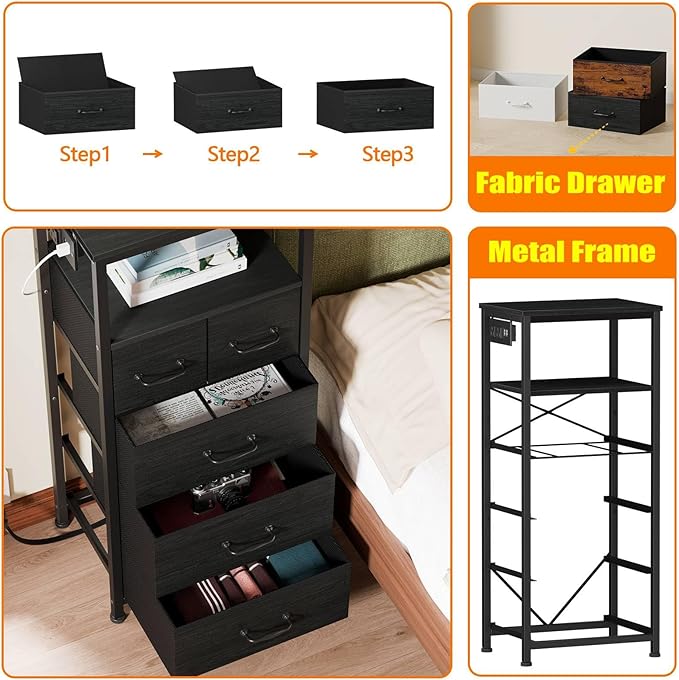 Furnulem Dresser for Bedroom, Tall Nightstand, Vertical Chest with Wood Top, Charging Station, LED Lights, 5 Fabric Bins, Bedside Table with Shelf, Furniture for Entryway (5 Drawer, Black Oak)