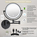 Brushed Brass Lighted Wall Mounted Mirror Magnifying 1×10×, 8-Inch Rechargeable Double Sided, Touch Dimmable Extended Arm 360 Rotation Cosmetic Mirror for Bathroom, Matt Black