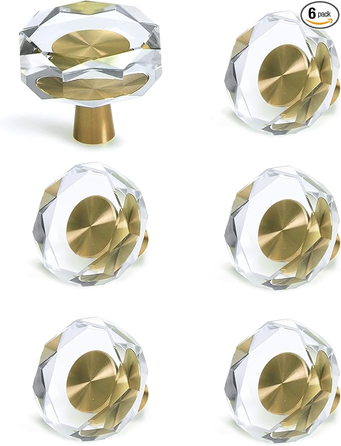 JEREVER 6 Pack Glass Crystal Knobs Brass Drawer Pull Cabinet Handle Gold Furniture Hardware for Dresser Kitchen (Polygon)