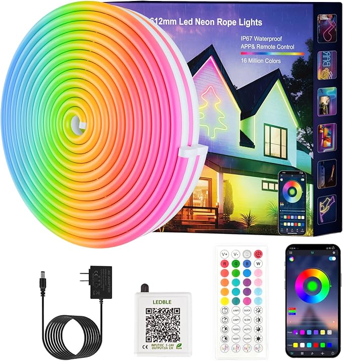 Neon Rope Lights, JIAMEI 20FT RGB LED Strip Lights, App Control, IR Remote, Music Syncing, Outdoor IP67 Waterproof, Flexible Neon Strip Lights Cuttable for Bedroom, Gaming, Party, Outdoors Decor