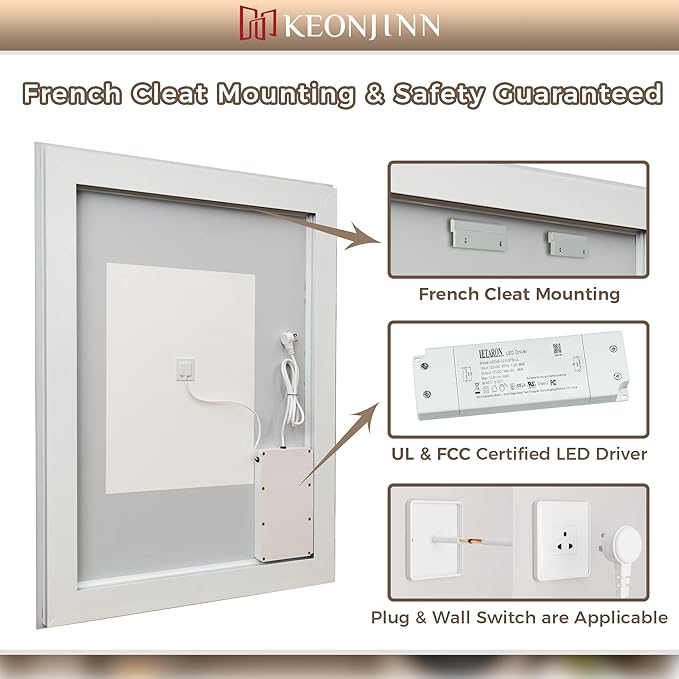 Keonjinn LED Bathroom Mirror 24" x 36" with Front and Backlight, Stepless 3 Colors Temperature & Dimmable Backlit Mirror, Double LED Strips, Anti-Fog Tempered Glass Vanity Mirror, UL Listed LED Driver