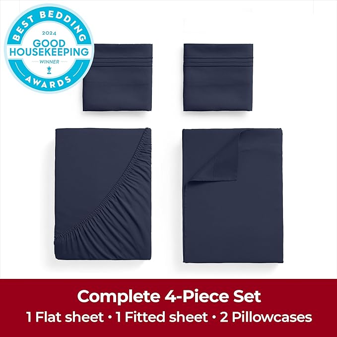 Mellanni Extra Deep California King Sheets - 4 PC Iconic Collection Bedding - Hotel Luxury, Ultra Soft, Cooling Bed Sheets - Wrinkle, Fade, Stain Resistant (Cal King, Navy Blue)