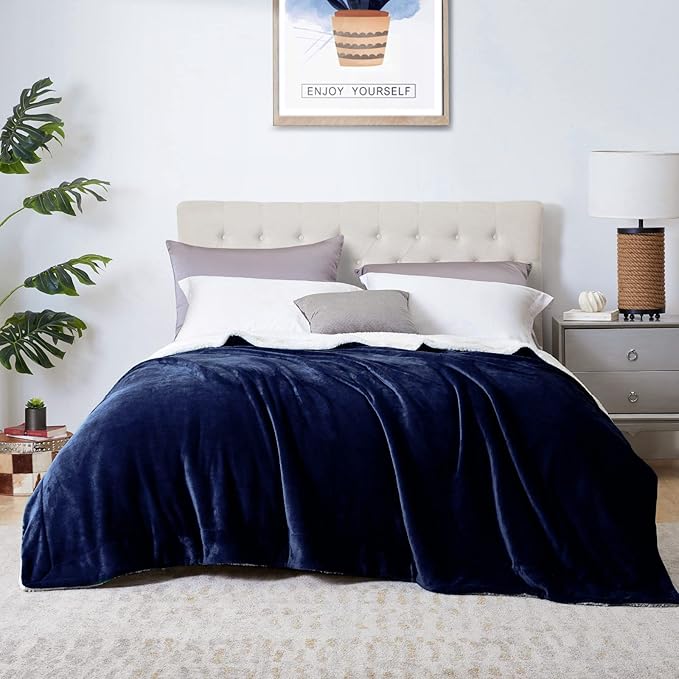 Walensee Sherpa Fleece Blanket (King Size 108”x90” Navy) Plush Throw Fuzzy Super Soft Reversible Microfiber Flannel Blankets for Couch, Bed, Sofa Ultra Luxurious Warm and Cozy for All Seasons