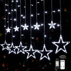 Star Curtain Lights for Bedroom - Plug-in 9ft 138 LED Fairy Twinkle Lights with 12 Star Drops, Connectable Window Lights with Remote 8 Lighting Modes for Indoor Xmas Ramadan Decoration, White