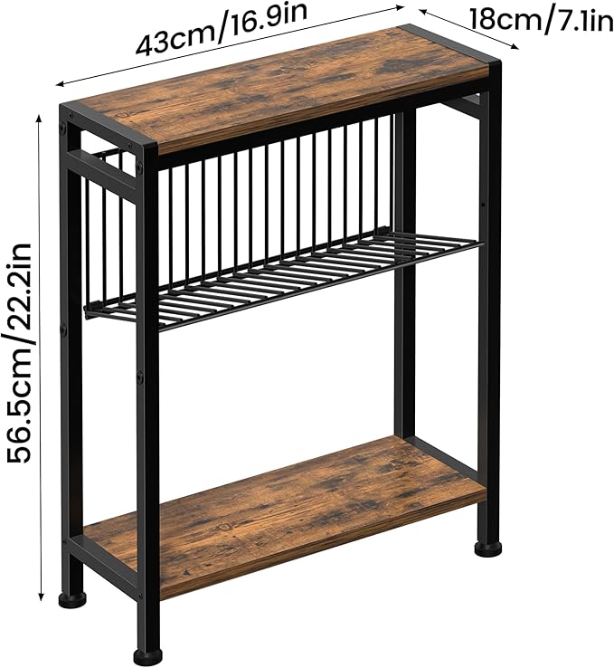 Small Side Table for Small Space, 3-Tier Narrow End Table with Magazine Holder,Slim Nightstand, Skinny Snack Couch Table in Living Room, Bedroom Study and Balcony (Rustic Brown &Black)