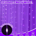 Purple Curtain Light with Untangled Wires for Bedroom, 300LED 9.8ft x 9.8ft Window Fairy Curtain String Light with 16 Hooks, 8 Modes Remote Control for Wedding Party Home Indoor Decorations
