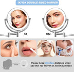 Wall Mounted Makeup Mirror with Lights and 10X Magnification, 8 Inches Rechargeable Double Sided Magnifying, Touch Dimmable Extended Arm 360 Rotation, Foldable Vanity Mirror for Bathroom