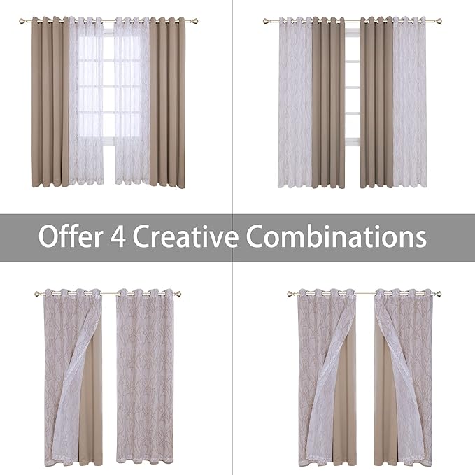 BONZER Mix and Match Curtains - 2 Pieces Branch Print Sheer Curtains and 2 Pieces Blackout Curtains for Bedroom Living Room Grommet Window Drapes, 54x63 Inch/Panel, Taupe, Set of 4 Panels