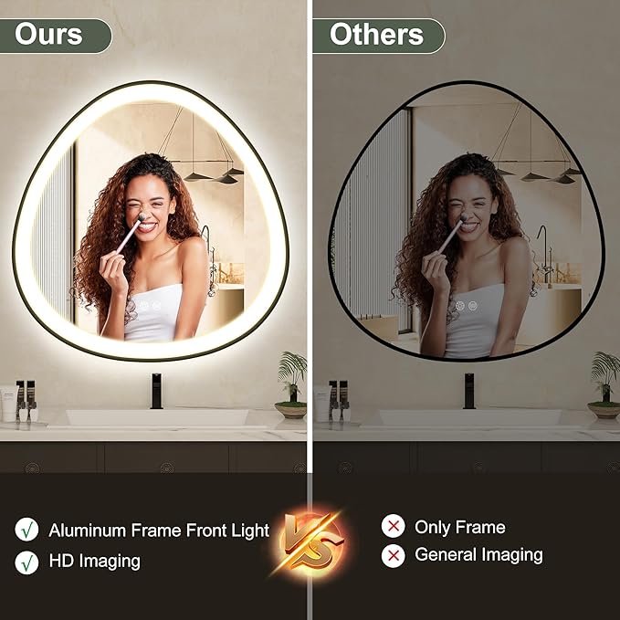 S'bagno 24 Inch LED-Bathroom-Mirror-with-Black-Frame, Lighted-Bathroom-Mirror-Brightness-Dimmable, Anti-Fog, 3 Lights Colors, Wall-Mounted-LED-Mirror-for-Bathroom with Smart Touch Button