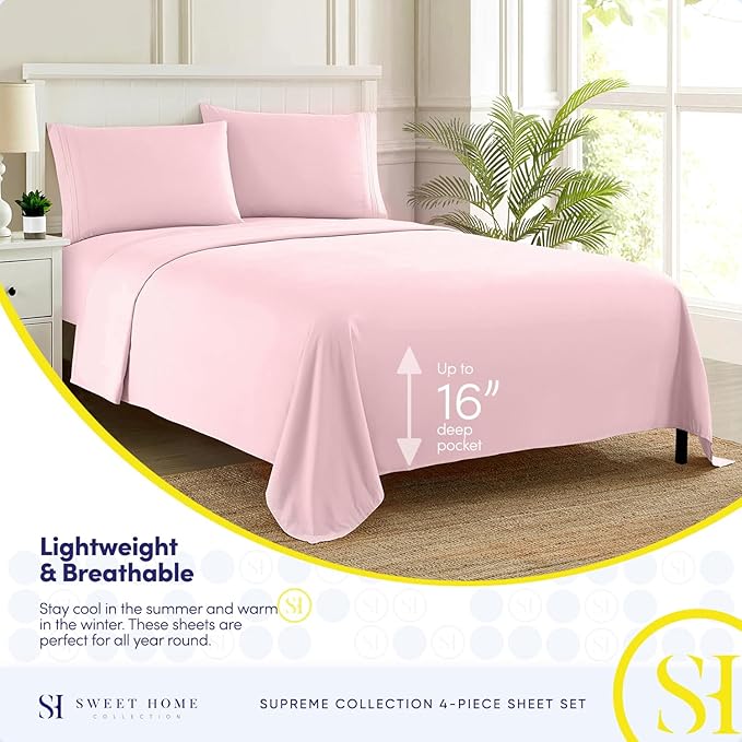 1800 Thread Count Sheet Set – Soft Egyptian Quality Brushed Microfiber Sheets – Luxury Bedding Set with Flat Sheet, Fitted Sheet, Pillow Cases, King, Pale Pink, Sheet Set