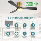 Sofucor 52 Inch Smart Ceiling Fans with Lights-Flush Mount Low Profile Modern Outdoor Solid Wood Ceiling Fans with Alexa/Google Assistant/APP/Remote Control for Bedroom/Farmhouse/Patio, Black Gold