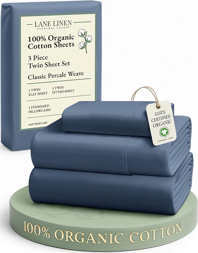 LANE LINEN 100% Organic Cotton Twin Bed Sheet Set, Luxury Hotel Style Fade Resistant Deep Pocket Machine Washable Twin Size Sheet Set, Eco Friendly Mercerized Cotton Sheets- Estate Blue
