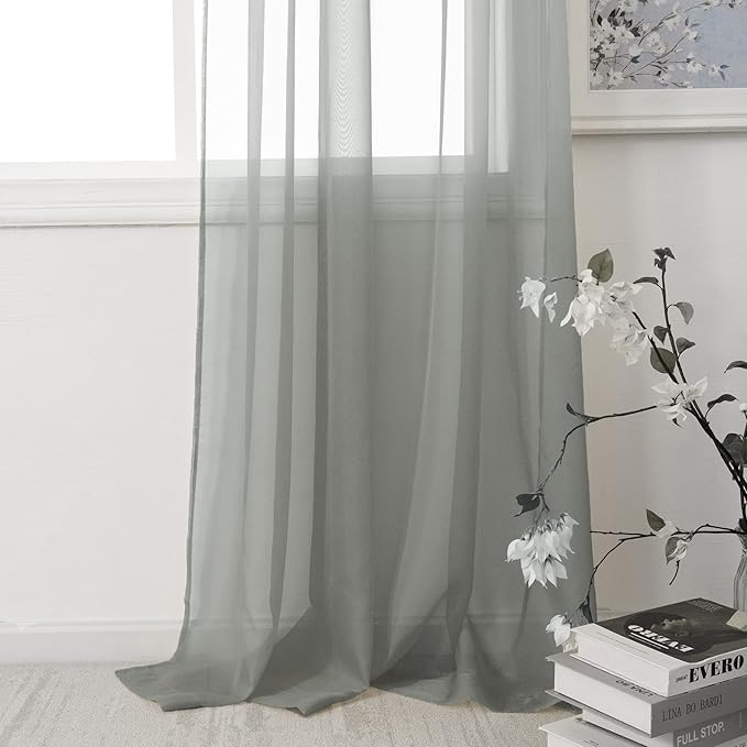 HUTO Sage Grey Sheer Curtains 84 inches Long for Living Room Rod Pocket Window Sheer Voile Drapes for Bedroom Girls Canopy Bed Nursery 2 Panels 52 by 84 Inch Length