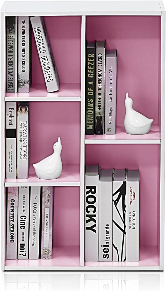 Furinno LUDER Book Shelf, 5-Cube Bookshelf, Reversible Bookcase, 9.4" x 19.5" x 31.5", for Living Room, Bedroom, Home Office, White/Pink